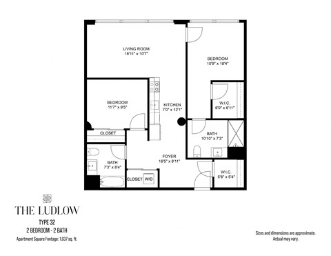 Floor plan for 2 beds, 2 baths, 1037 sqft